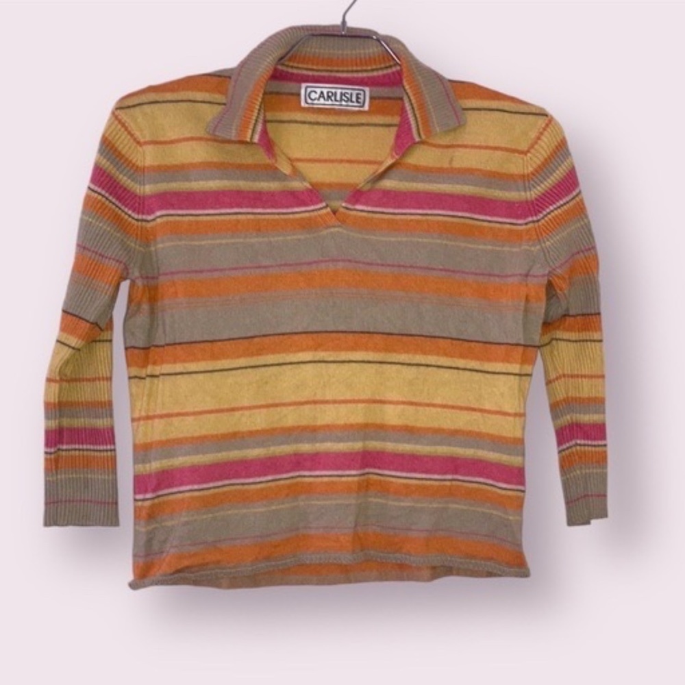Vintage Carlisle Sweater Top Striped V Neck Collared Ribbed Medium